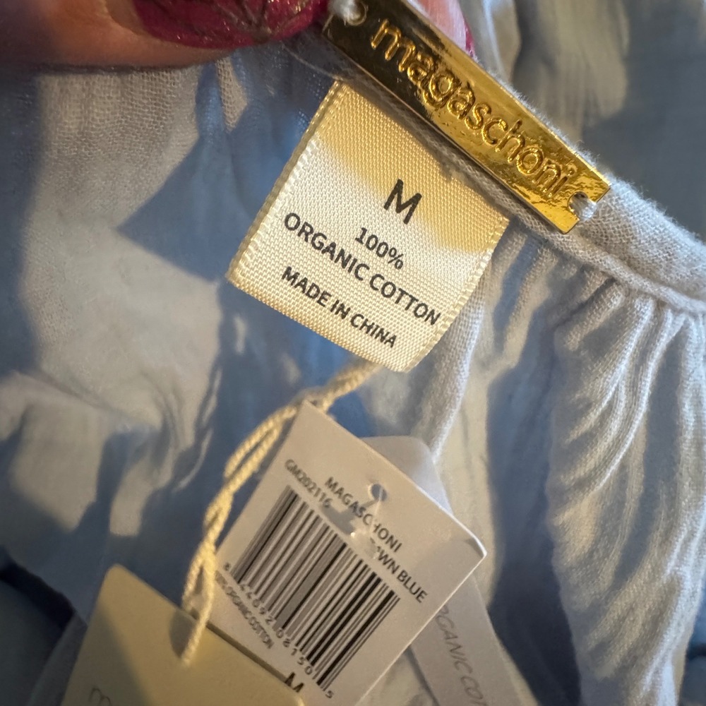 NWT Magaschoni Gauze Dress Medium Dawn Blue Organic Cotton Tiered - Picture 7 of 11